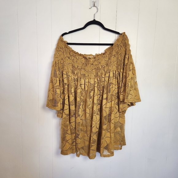 Ultra Pink Mustard Yellow Off Shoulder Lace Boho Top New Plus Size 26/28 4X - Picture 1 of 10